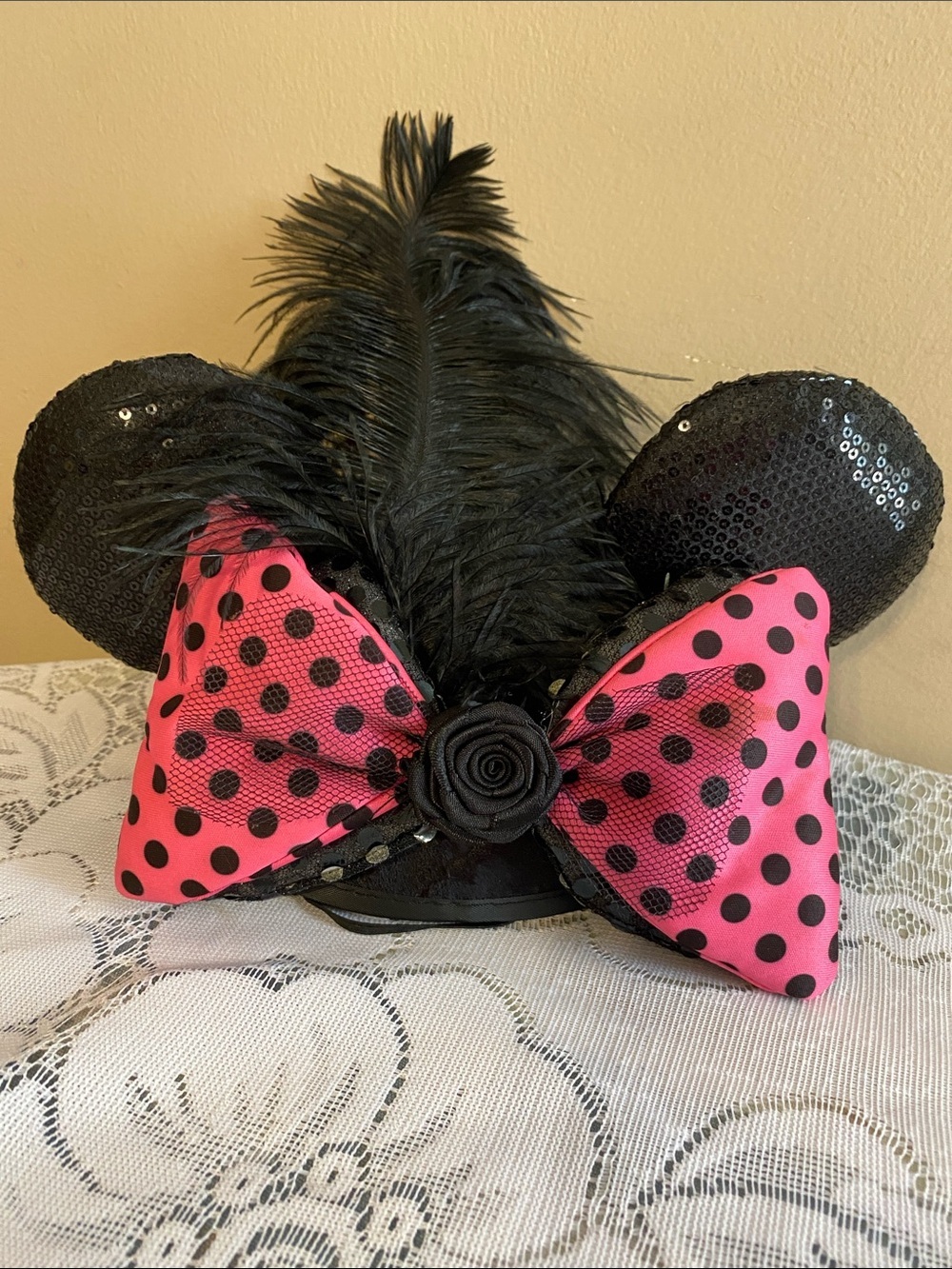 Disney Pink Polka Dot Bow Headband with Black Feathers and Sequined Ears - Picture 5 of 7
